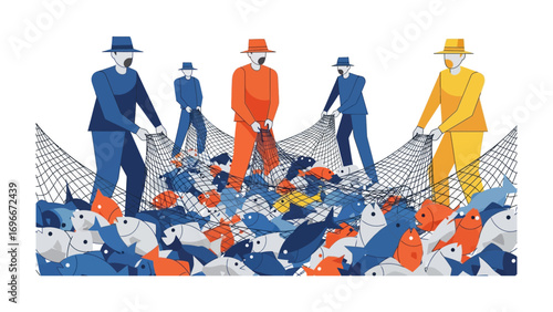 Catch of the Day: A collaborative illustration depicting a team of fishermen hauling in a net brimming with a vibrant array of fish, showcasing a vivid visual of fishing endeavor.