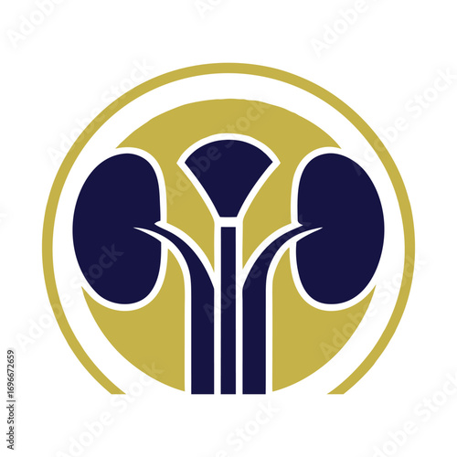 Abstract navy blue and gold kidney shapes within a circle medical health