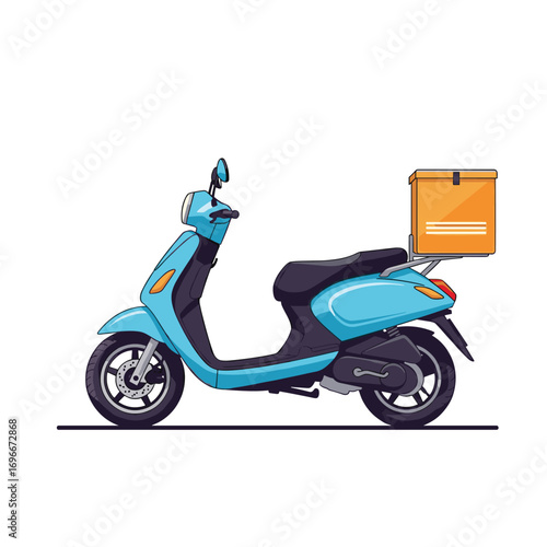 A bright blue scooter with an orange delivery box on the back carrying goods for customers