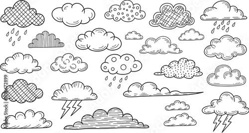 Collection of hand-drawn cloud icons with different shapes and weather elements in doodle style