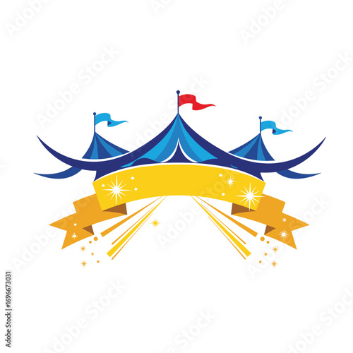 Magical big top tent with festive banners flags and sparkles celebrating a joyful event