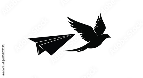 Bird soaring gracefully in the sky, leaving a paper airplane behind, symbolizing freedom and new beginnings.