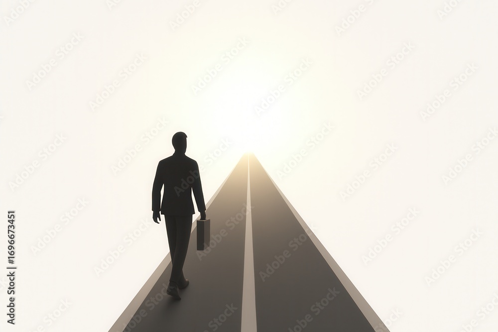 Fototapeta premium businessman walking on the road towards a bright horizon, symbolizing ambition, leadership, career success, opportunities, and professional journey.