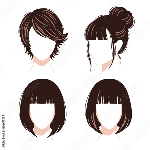 Illustrations of four different popular female hairstyles featuring bangs and varying lengths and styles