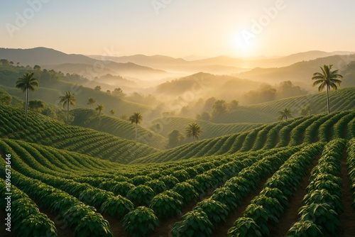 Wallpaper Mural Lush green plantation fields with palm trees on rolling hills under warm sunrise light in tropical countryside landscape background. Ai generative Torontodigital.ca