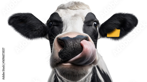 Black and white Holstein cow close up, tongue reaching into nose, isolated on white or transparent background