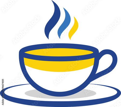 White coffee cup with steam on saucer with blue and yellow accents hot drink white background