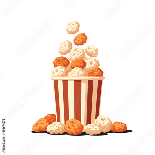 Delicious crunchy popcorn treats overflowing from a striped container scattered around a white background