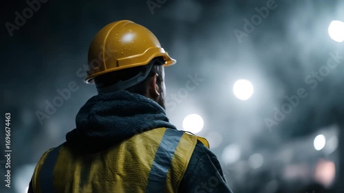 Construction worker in safety gear inspecting a site at night