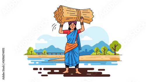 Woman Carrying Hay: A resilient woman, adorned in traditional attire, confidently carries a heavy bundle of hay, her silhouette set against a scenic landscape.