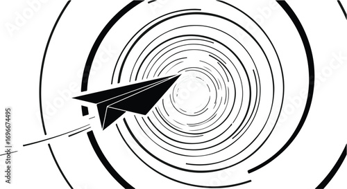 Black paper airplane soaring through a dynamic, abstract tunnel of swirling lines.