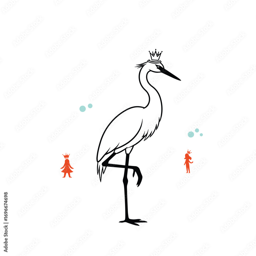 Obraz premium Whimsical illustration of a standing bird wearing a crown surrounded by small figures and bubbles