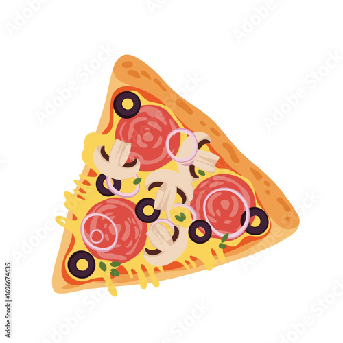 Delicious slice of pizza with salami mushrooms olives and onions topped with melted cheese