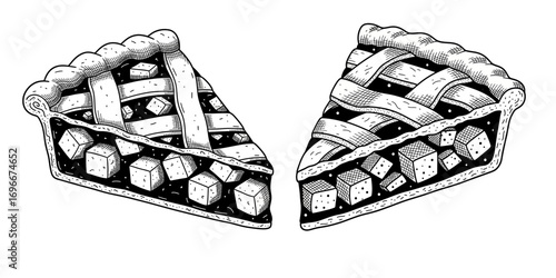Two Detailed HandDrawn Pie Slices with Ornate Crust and Filling