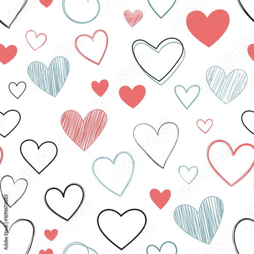 Seamless pattern of hand drawn hearts in various styles and colors for romantic designs