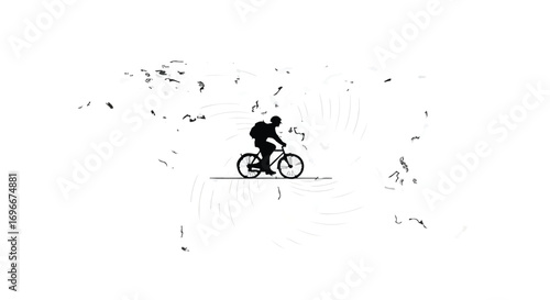 Silhouette of a cyclist with a backpack on a white background, symbolizing freedom and adventure