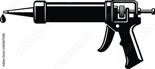 Black and white vector illustration of a caulk gun tool with a dripping bead of sealant