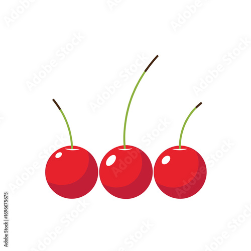 Three ripe red cherries with green stems on a white background fresh fruit illustration