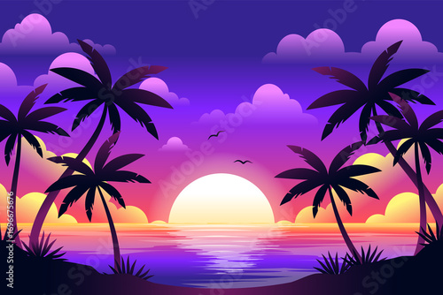 a sunset beach scene with palm trees and pink purple in the sky