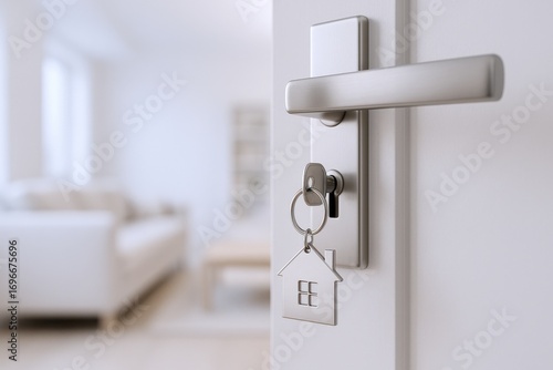 Wallpaper Mural Homeownership Concept: Key in Door with House Keychain Opens to Bright, Modern Living Room Torontodigital.ca