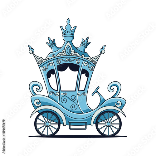 Elegant blue cinderella carriage with intricate royal crown embellishments and ornate detailing