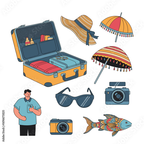 A collection of vibrant summer vacation travel essentials ready for adventure and relaxation