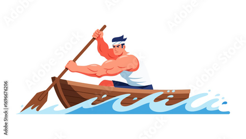 Rowing Illustration: An illustration that depicts a man strenuously rowing a wooden boat through choppy water.