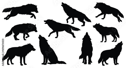 silhouettes of wolves in various dynamic poses