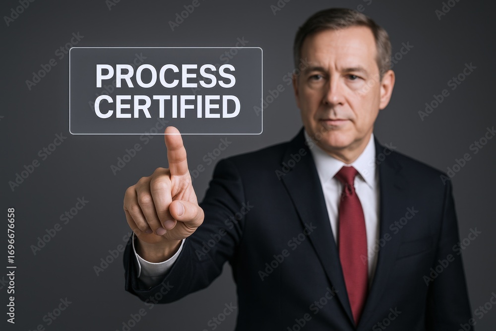Obraz premium Professional Businessman Certifying a Process Digitally with Technological Integration, Demonstrating Expertise and Modern Business Acumen