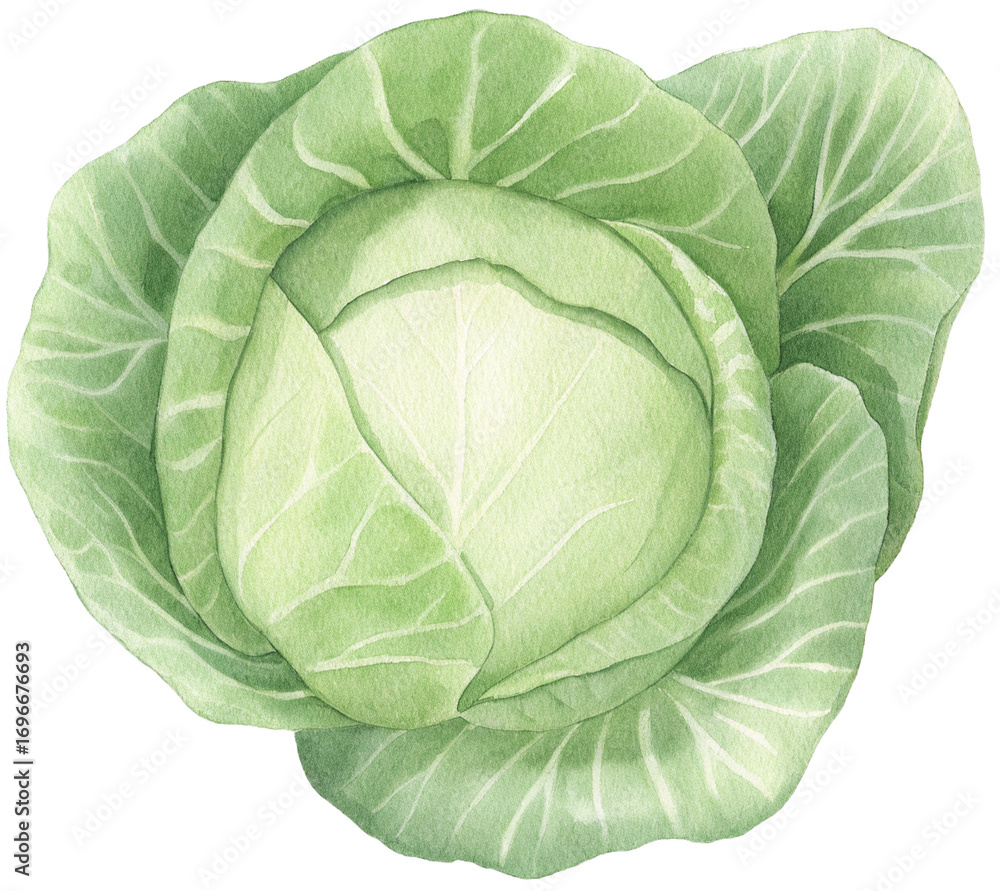 Fototapeta premium Watercolor illustration of a cabbage on transparent background.