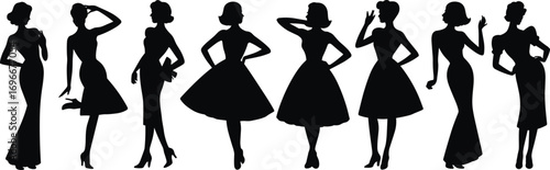 Silhouettes of elegant vintage women, retro fashion poses, classic 1950s style outfits, female figure collection, timeless beauty, graceful lady illustrationsSilhouettes of elegant 