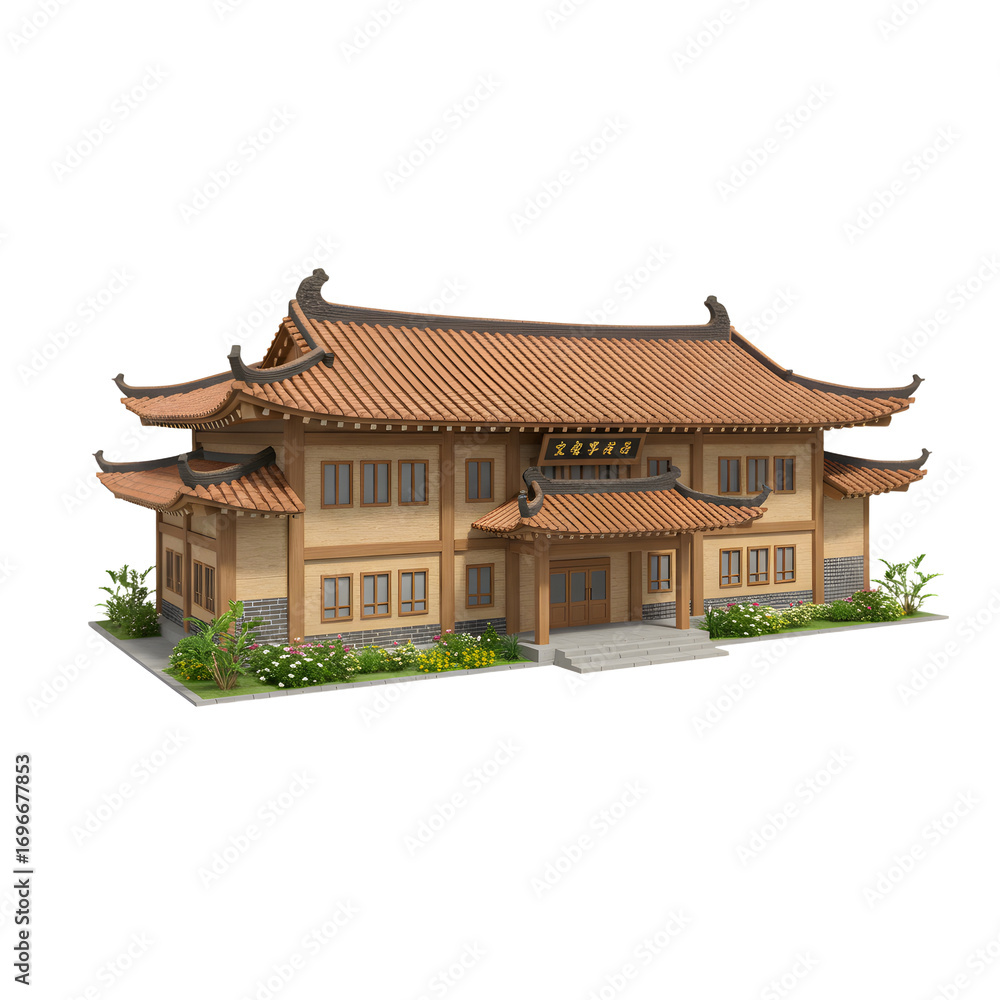 Obraz premium Traditional Asian Building with Terracotta Roof and Lush Garden Detail.