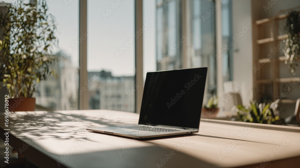 custom made wallpaper toronto digitalLaptop on Wooden Table in Bright Office Setting with City View, Modern Workspace, and Natural Light