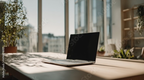 Wallpaper Mural Laptop on Wooden Table in Bright Office Setting with City View, Modern Workspace, and Natural Light Torontodigital.ca