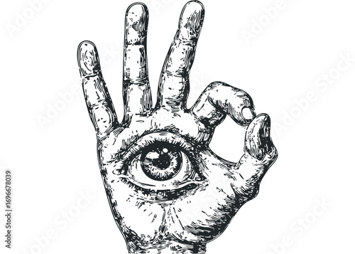 Hand with eye gesture, sketch style, transparent background. Vector hand drawn illustration