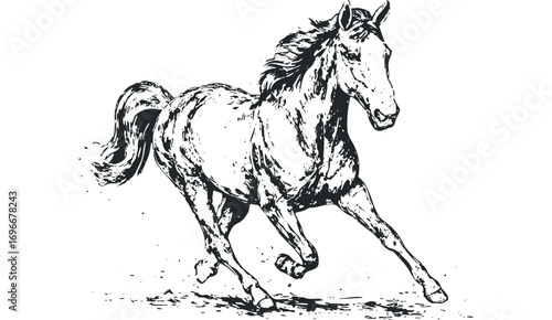 Dynamic horse galloping across open space as a sketch graphic. Vector hand drawn illustration