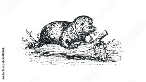 Seal pup resting on driftwood with a ball. Vector hand drawn illustration