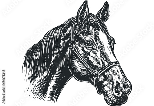 Sketch of a Horse Head with Bridle. Vector hand drawn illustration