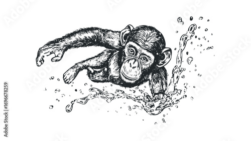 Chimpanzee splashing through water, detailed line art. Vector hand drawn illustration