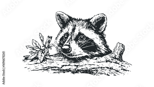 Pencil sketch of a raccoon peeking out from behind a log with leaves. Vector hand drawn illustration