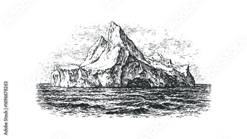 Sketch of a jagged iceberg floating on wavy ocean water. Vector hand drawn illustration