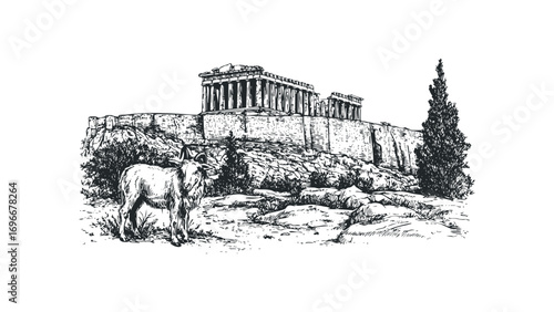 Sketch of a goat standing in front of ancient ruins on a hillside. Vector hand drawn illustration