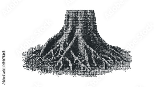 Detailed ink drawing of tree trunk and roots on a white background. Vector hand drawn illustration
