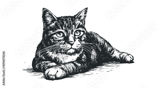Tabby cat lying down, monochrome linocut style. Vector hand drawn illustration