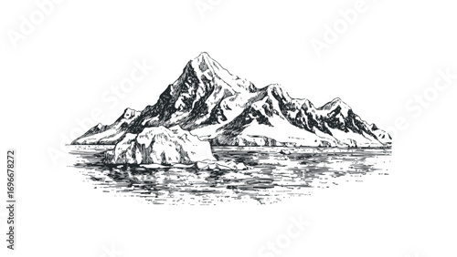 Hand drawn sketch of majestic snow capped mountains with icebergs in water. Vector hand drawn illustration