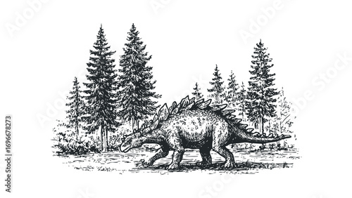Stegosaurus dinosaur walking through a forest. Vector hand drawn illustration