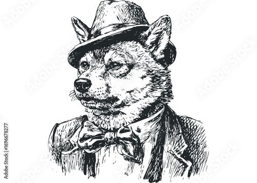 Anthropomorphic dog in vintage hat and suit. Vector hand drawn illustration