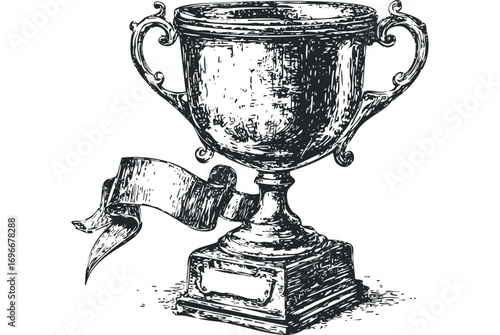 Vintage trophy with ribbon and blank plaque on transparent background. Vector hand drawn illustration
