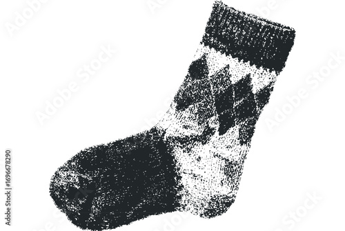 Textured knitted sock with diamond pattern graphic on transparent background. Vector hand drawn illustration