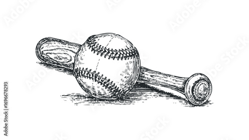 Sketch of a baseball and wooden bat on transparent background. Vector hand drawn illustration